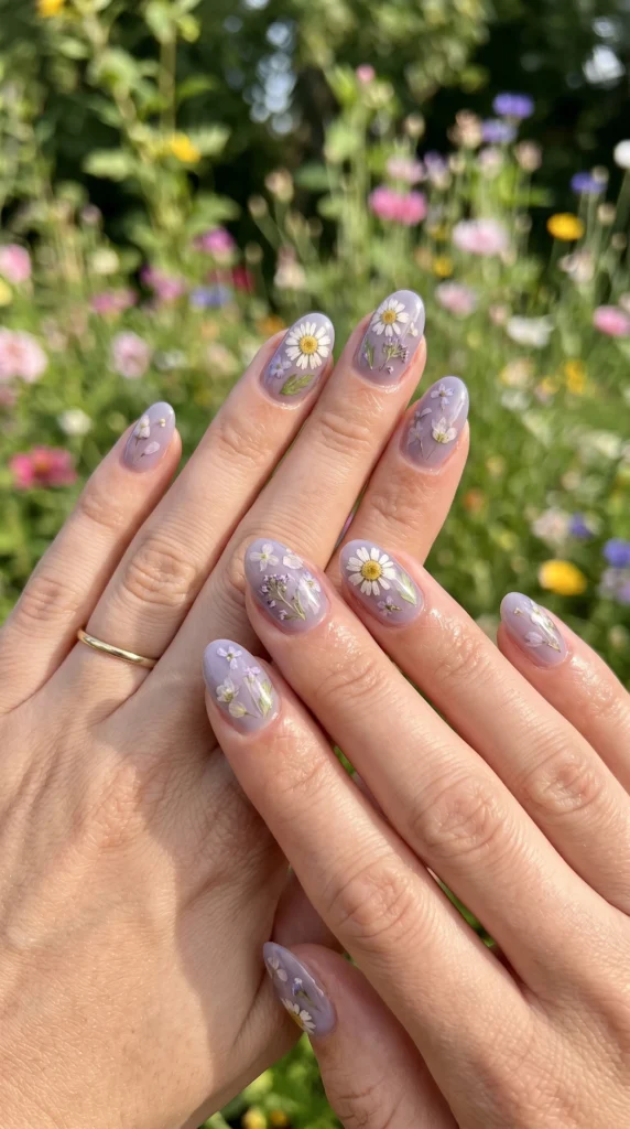 Oval nails in sheer lavender jelly gel with pressed white daisy and wildflower encapsulation soft girl