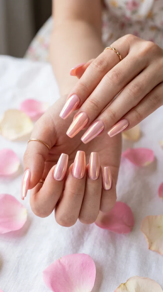 Long coffin nails in baby pink aurora chrome shifting blush to silver for dreamy soft girl aesthetic