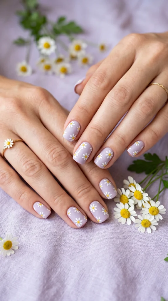 Short square nails in pastel lilac matte with white daisy stamping dual finish soft girl aesthetic