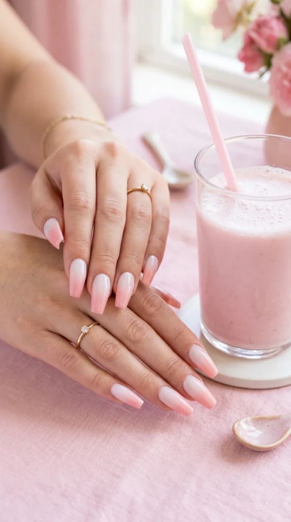 Coffin nails with strawberry milk ombre gradient from milky white to soft pink glossy finish soft girl
