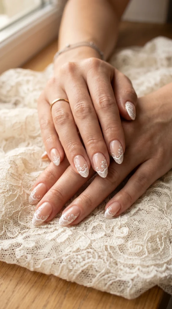 Almond nails with intricate hand-painted white lace French tip pattern on sheer base for romantic look