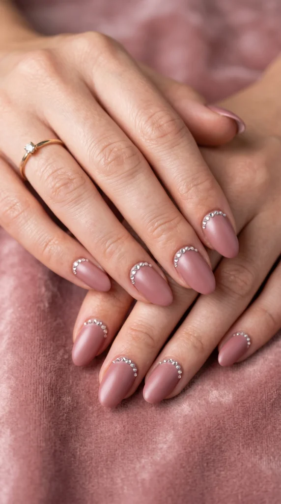 Oval nails in dusty rose satin with clear rhinestone half-moon arc at cuticle for elegant soft girl