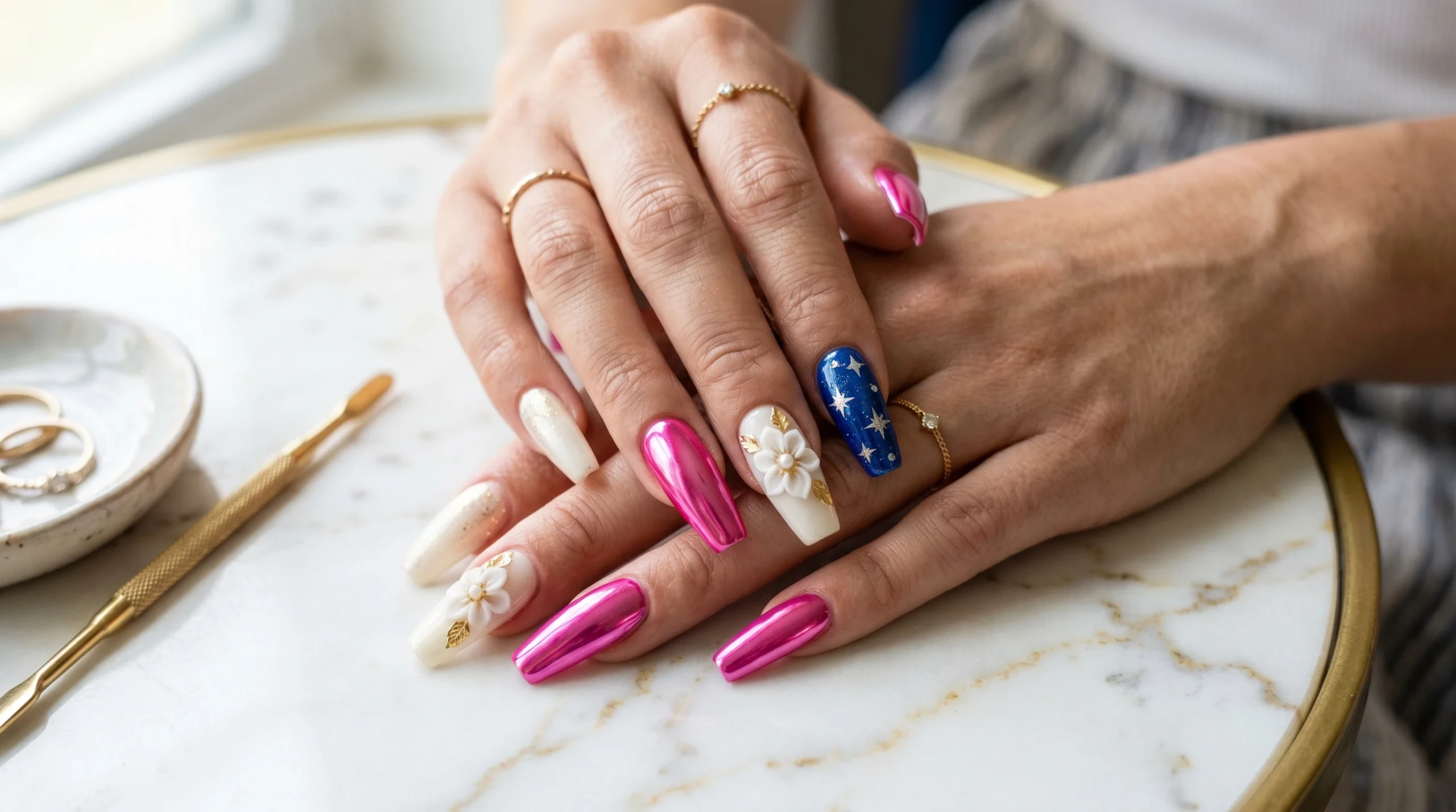 Long coffin nails showing variety of stunning nail art styles chrome magnolia and star foil designs