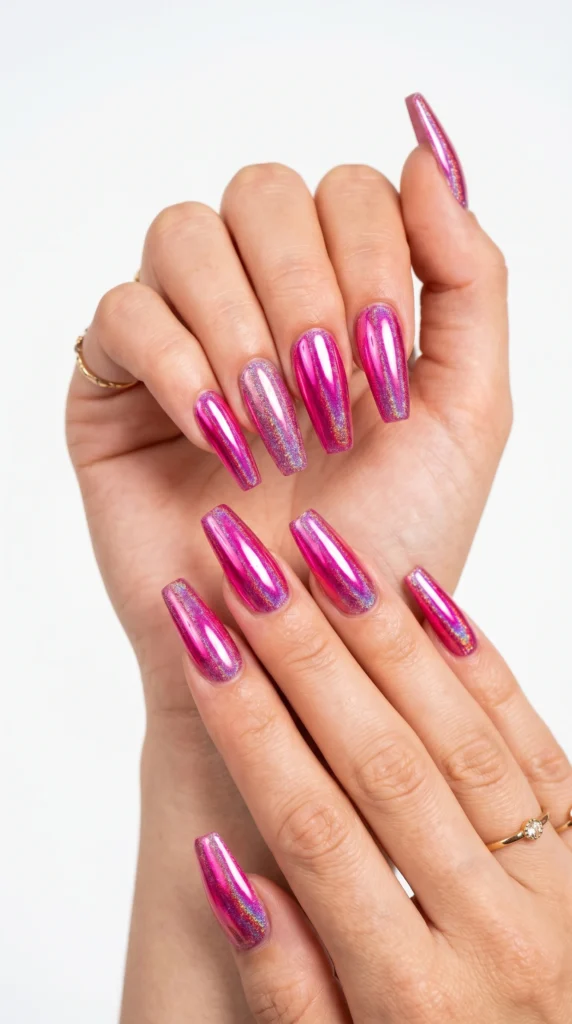 Long coffin nails with holographic glitter base under hot pink chrome mirror finish maximalist stunning