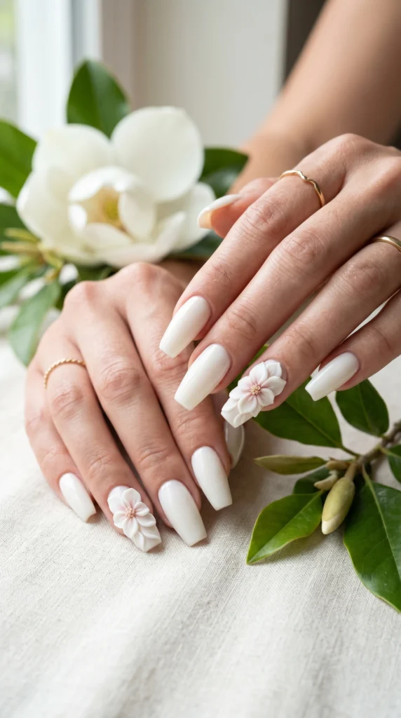 Coffin nails in creamy white with 3D sculpted acrylic magnolia bloom flowers on accent nails stunning art