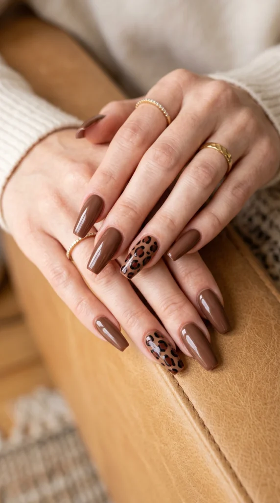 Coffin nails in chocolate brown with mahogany leopard print accent art warm tones stunning look