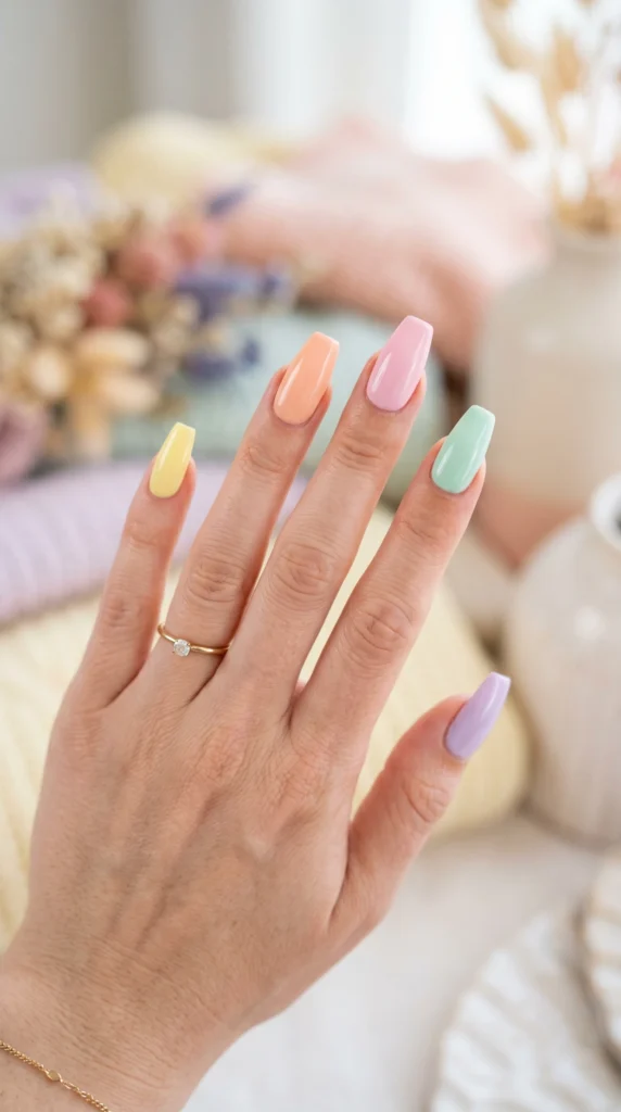 Coffin nails each in different muted pastel color lilac mint pink peach yellow harmonious rainbow stunning