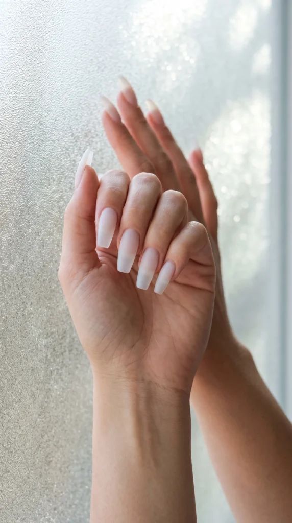 Long coffin nails in sheer milky white frosted glass semi-matte finish ethereal luminous stunning look