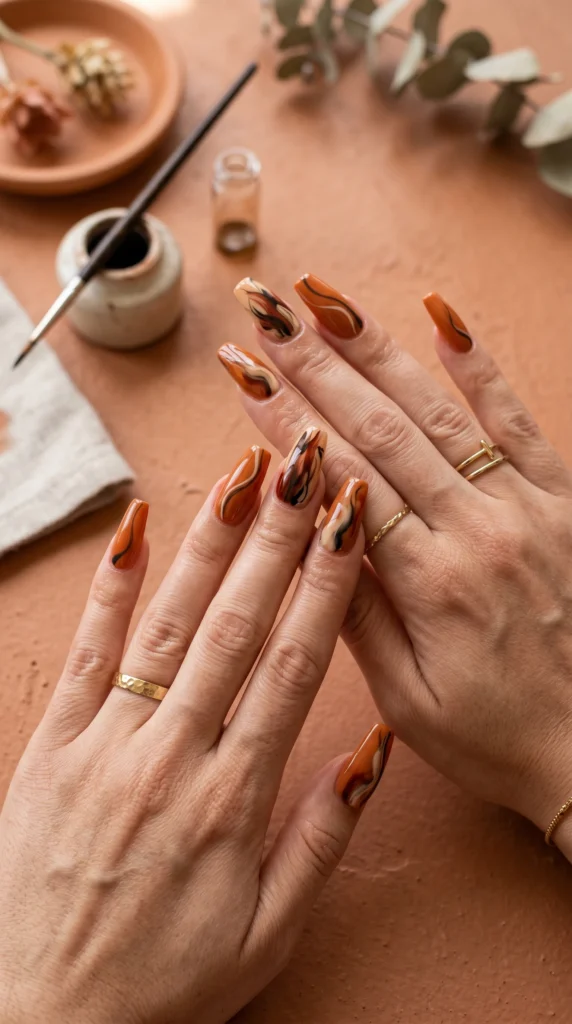 Coffin nails in burnt orange with hand-painted abstract ink stroke art in sienna cream charcoal artistic stunning