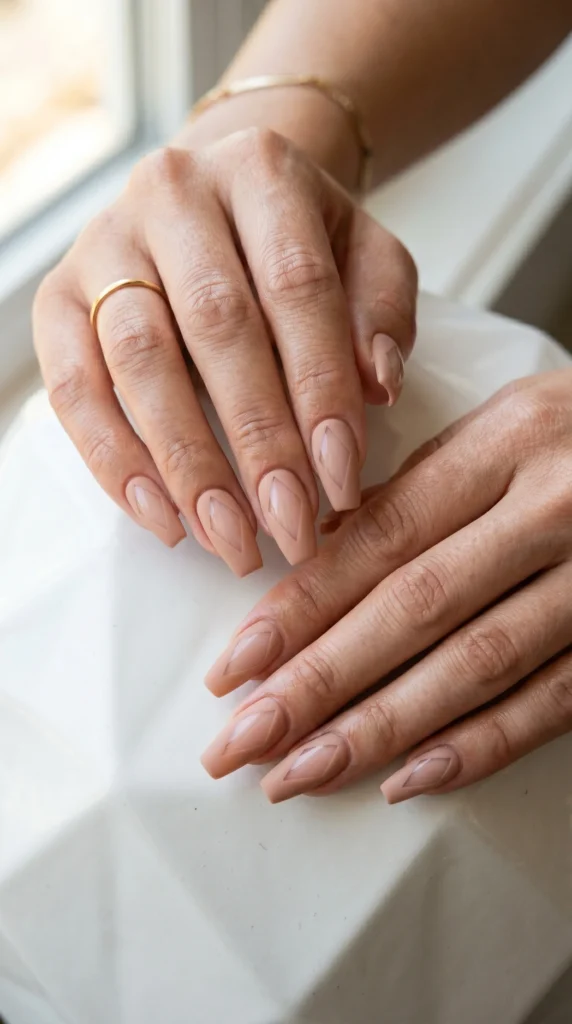 Coffin nails in matte nude with bold geometric diamond negative space cut-out on each nail architectural stunning