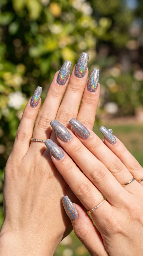 Long coffin nails completely covered in fine holographic rainbow glitter full coverage stunning light-catching