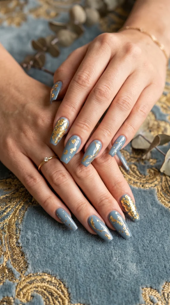 Coffin nails in muted dusty blue with organic gold foil abstract art varying density art deco stunning