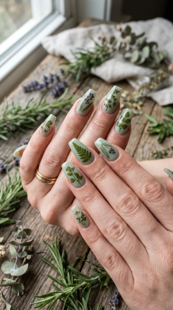 Coffin nails in sage green with pressed fern and botanical sprigs encapsulated in gel calm stunning look