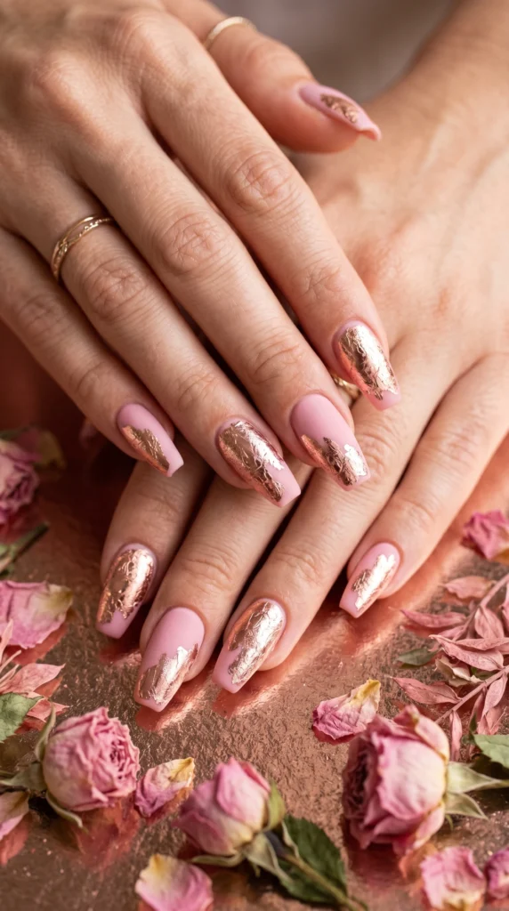 Coffin nails in soft matte pink with large rose gold foil patches matte metallic texture contrast stunning
