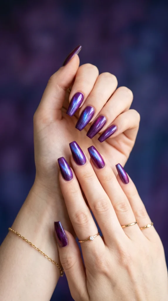 Coffin nails in deep purple with aurora shimmer shifting violet blue magenta supernatural glow stunning