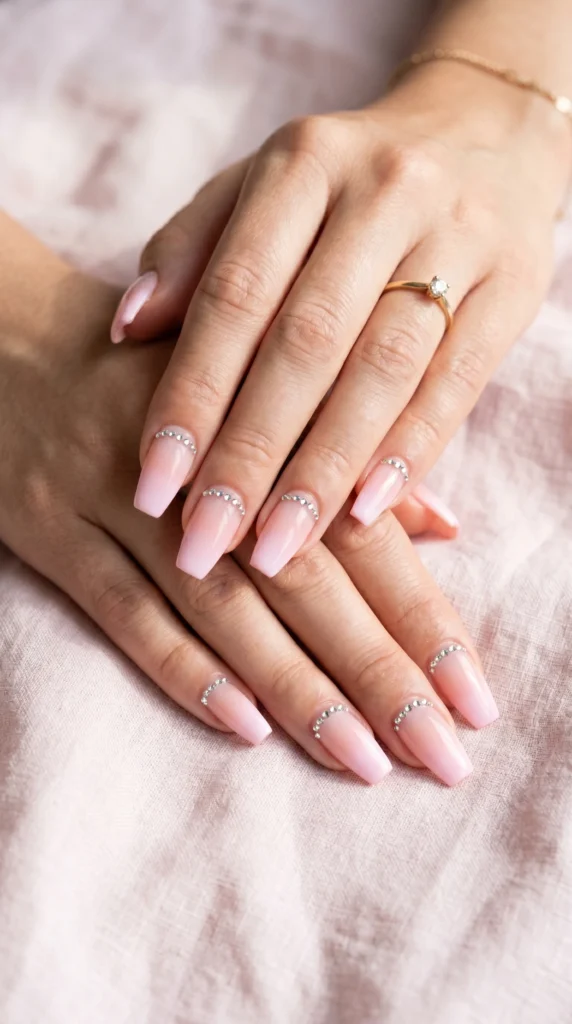 Coffin nails with sheer pink French ombre and rhinestone border line at transition for elegant stunning look