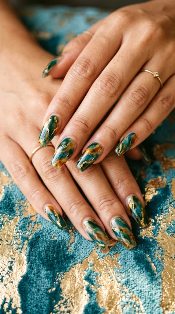 Coffin nails with teal forest green and gold tortoiseshell swirl art unique precious stone effect stunning