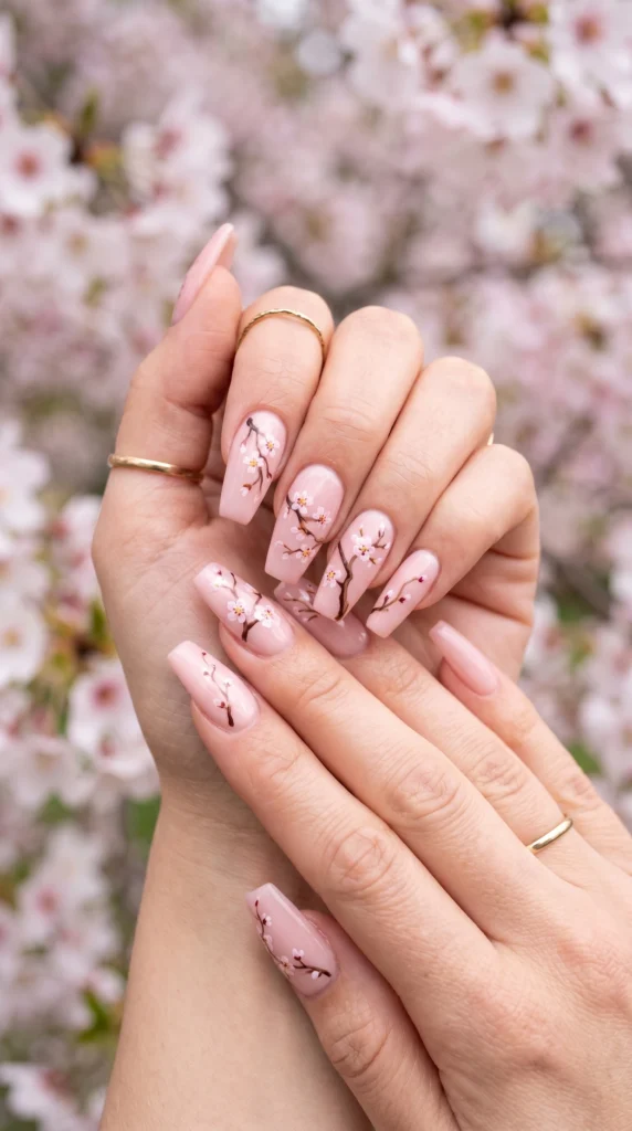 Coffin nails in blush pink with hand-painted cherry blossom branch watercolor art across multiple nails stunning