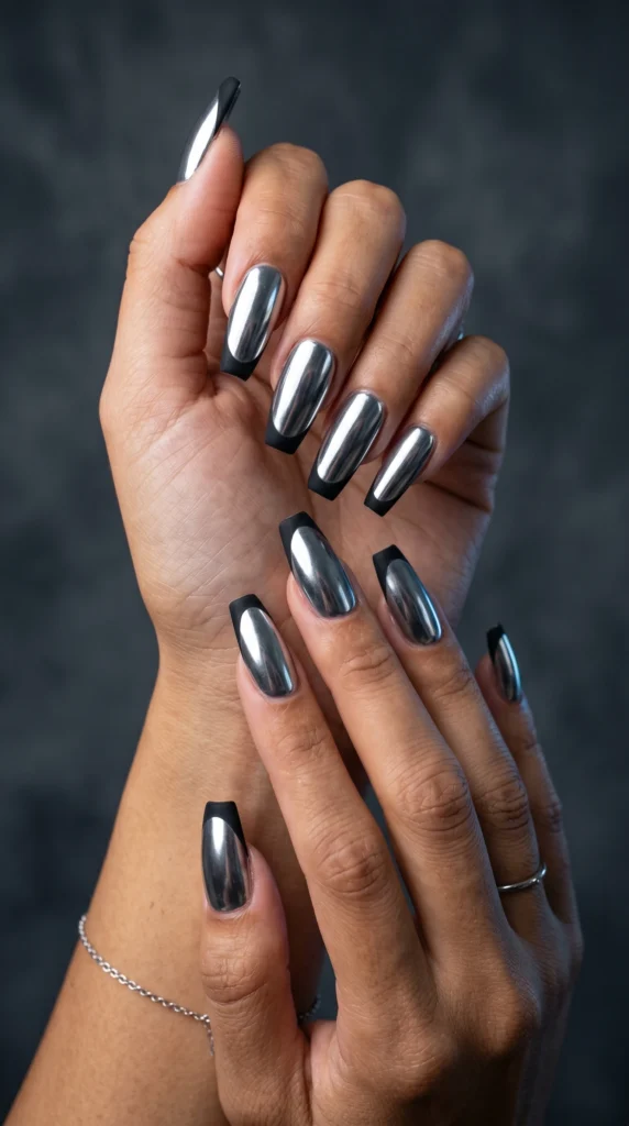 Coffin nails with silver chrome body and matte black reverse French tips futuristic editorial stunning