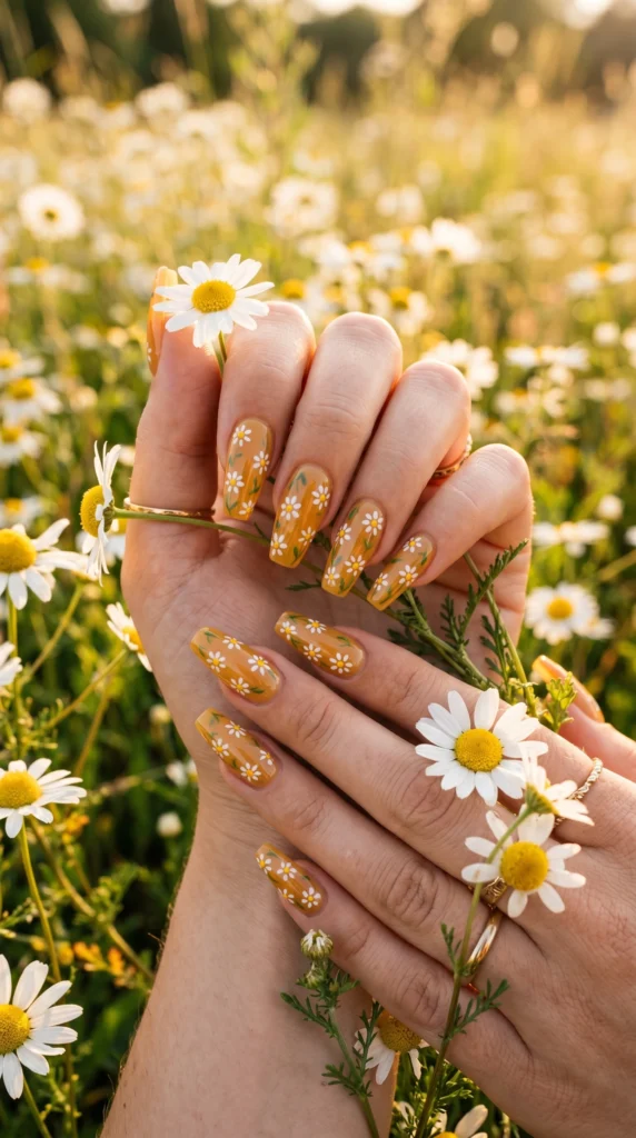 Coffin nails in warm honey amber with hand-painted white yellow daisy field art across all nails stunning