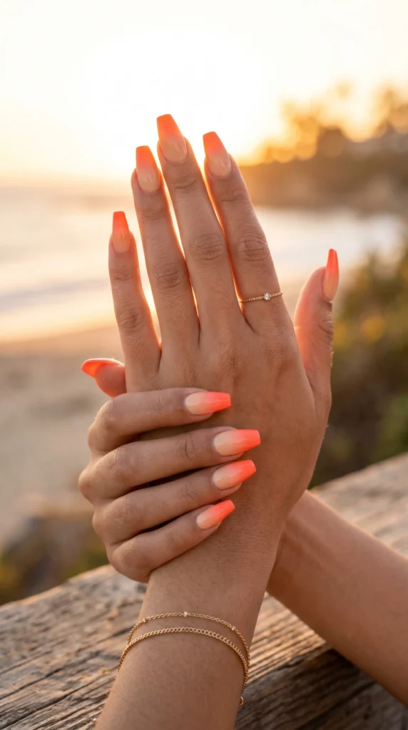 Coffin nails with coral to peach to cream sunset ombre gradient glossy finish warm summer stunning