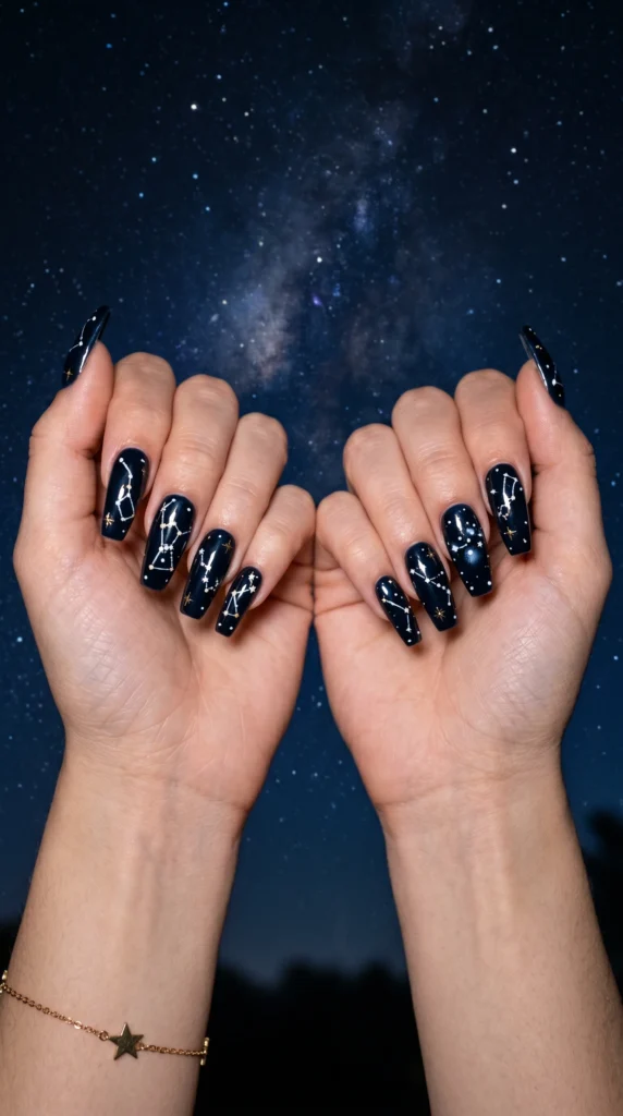 Coffin nails in midnight blue with hand-painted constellation star art gold accents night sky stunning