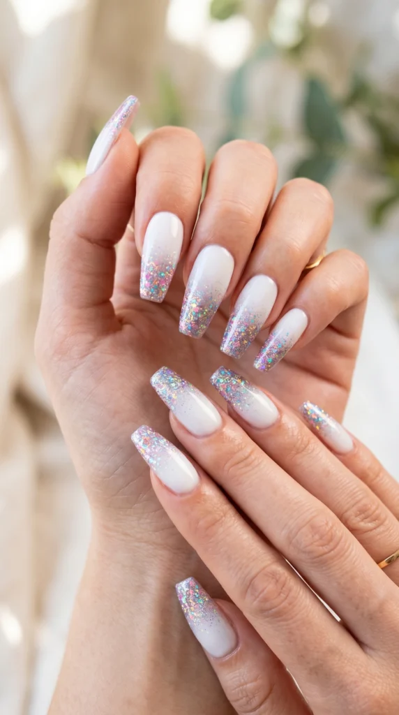 Coffin nails with white to holographic rainbow glitter ombre gradient pure white to full sparkle stunning