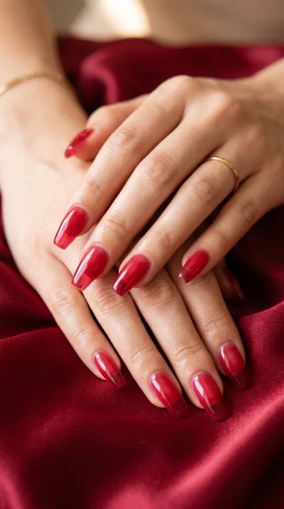 Coffin nails in sheer translucent cherry red jelly gel finish luminous gemstone depth stunning look
