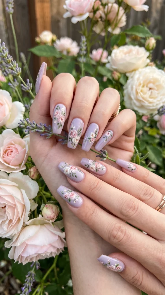 Coffin nails in muted lavender with hand-painted impressionistic rose garden art across all nails stunning