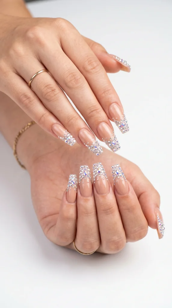 Coffin nails in warm nude with densely packed clear and AB crystal tips fading into base elegant stunning