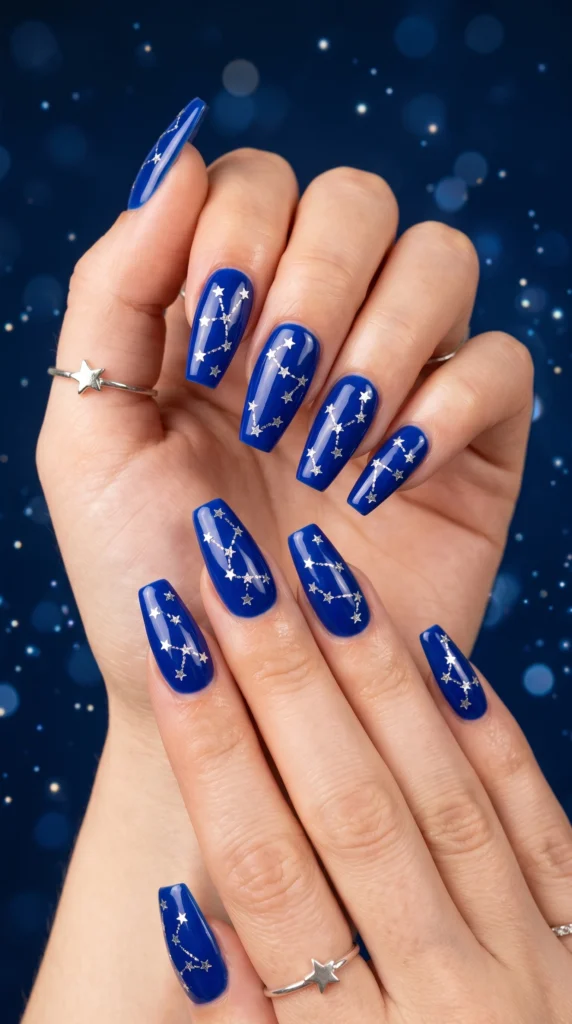 Coffin nails in cobalt blue glossy with silver star foil constellation arrangement for celestial stunning look