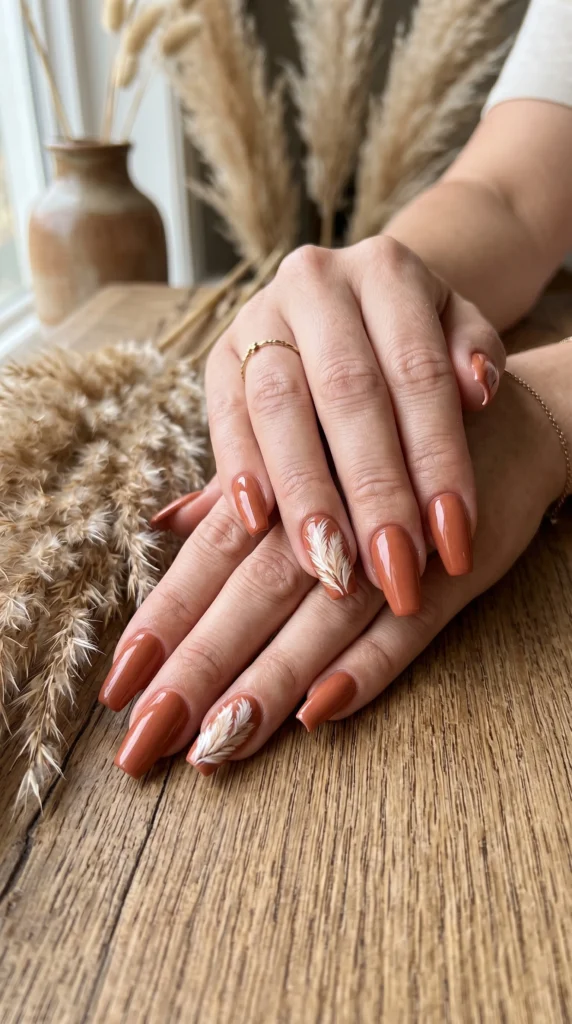 Coffin nails in warm terracotta with hand-painted pampas grass plume art accent nails sophisticated stunning