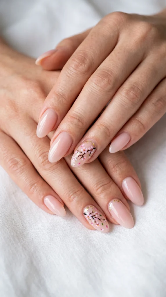 Almond nails with milky blush pink base and hand-painted cherry blossom floral art, gold foil accent detail