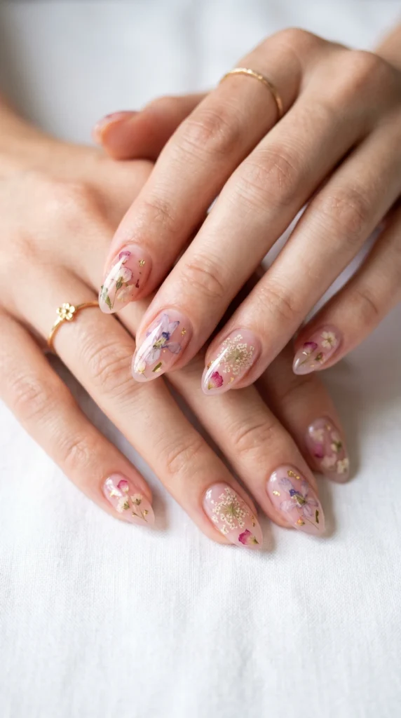 Almond nails with pressed dried flowers encapsulated in translucent jelly pink gel, romantic botanical nail art