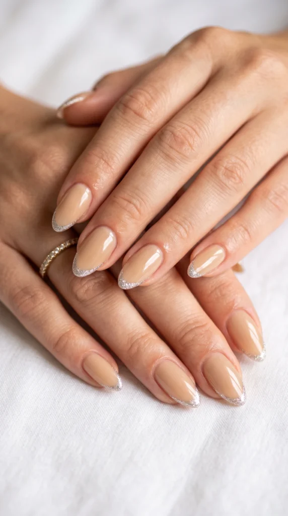 Almond nails in champagne gloss with fine silver micro-glitter French edge tips, elegant understated style
