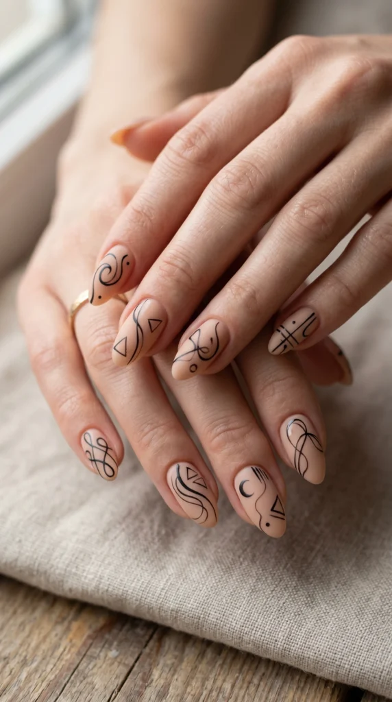Almond nails in warm nude with thin black abstract line art on all nails, minimalist editorial style