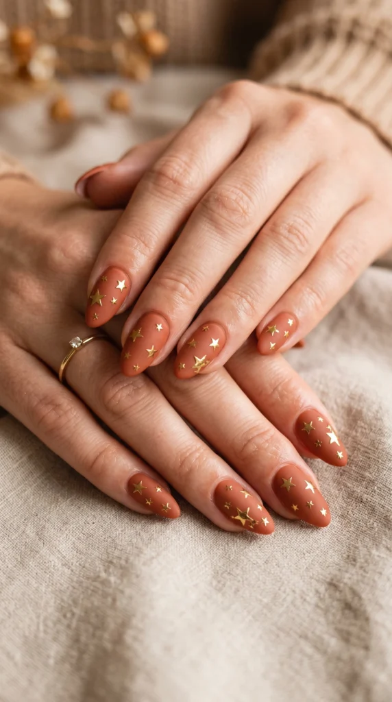 Almond nails in matte terracotta with scattered gold star stamping art, celestial fall nail style