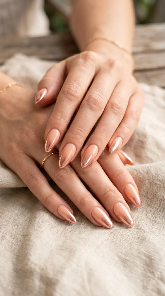 Almond nails with warm nude ombre base and rose gold chrome mirror tips, modern French style
