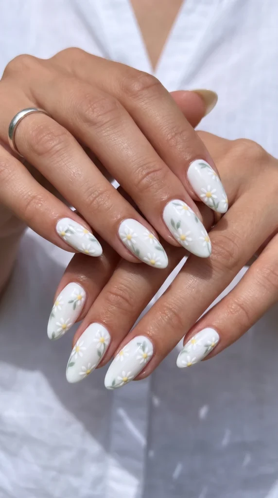 White almond nails with scattered daisy stamping art in soft yellow and sage green, spring feminine style