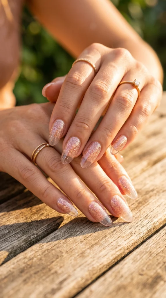 Almond nails with peach champagne glitter gradient fading to clear glossy tips, warm summer bridal style