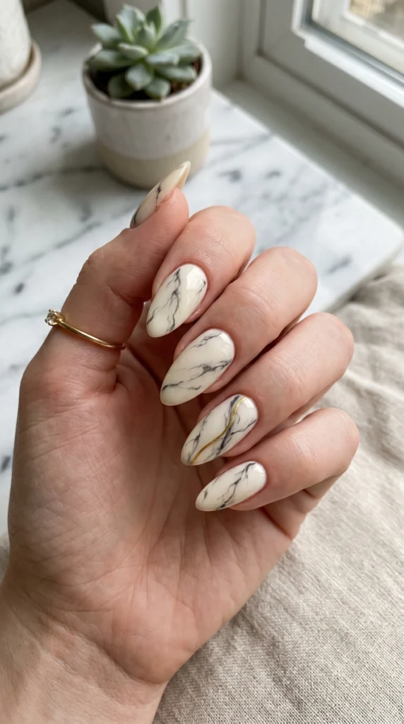 Almond nails with ivory marble swirl art and thin gold line accent detail, luxe feminine style
