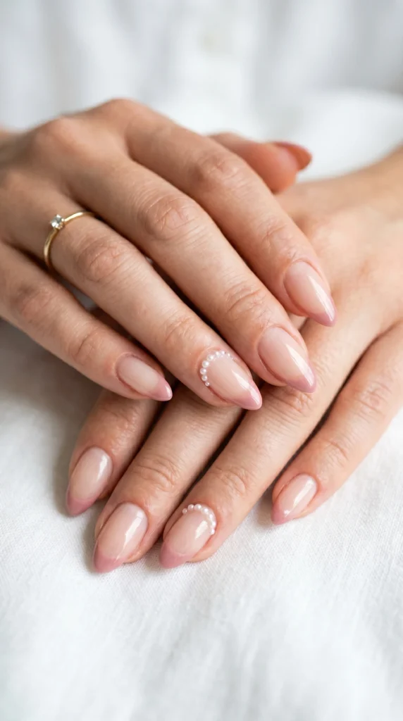 Almond nails with dusty rose French tip and pearl bead row accent nail, feminine bridal style