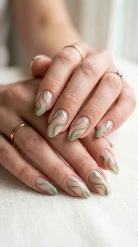 Almond nails with sage green negative space swirl art on clear base, minimal modern nail design