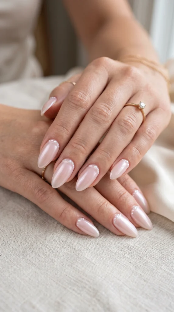 Almond-shaped milky-pink glazed donut nails with iridescent shimmer and micro pearl accents, soft girl aesthetic