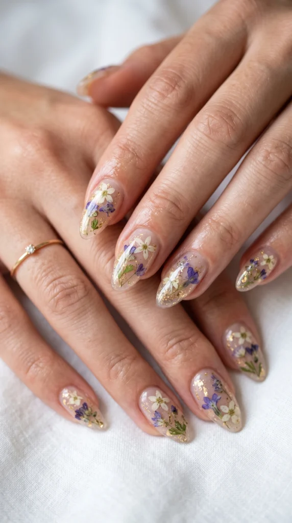 Almond nails with real pressed dried wildflowers encapsulated in clear gel, botanical soft girl nail art trend 2026