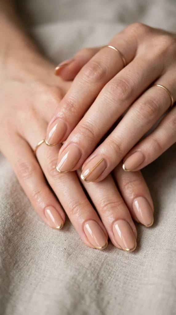Oval nude nails with gold chain accent on ring finger and gold metallic tip outline, quiet luxury soft girl nails