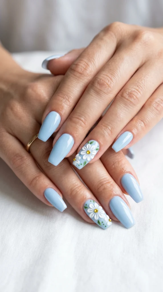 Coffin nails in baby blue gel with 3D sculpted white daisy flowers and yellow rhinestone centers, soft girl spring nail art