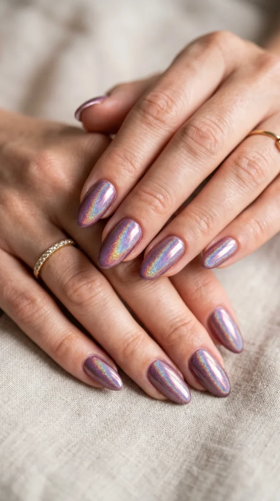 Almond nails in deep mauve with full holographic starburst mirror powder finish, dreamy soft girl nail inspo 2026