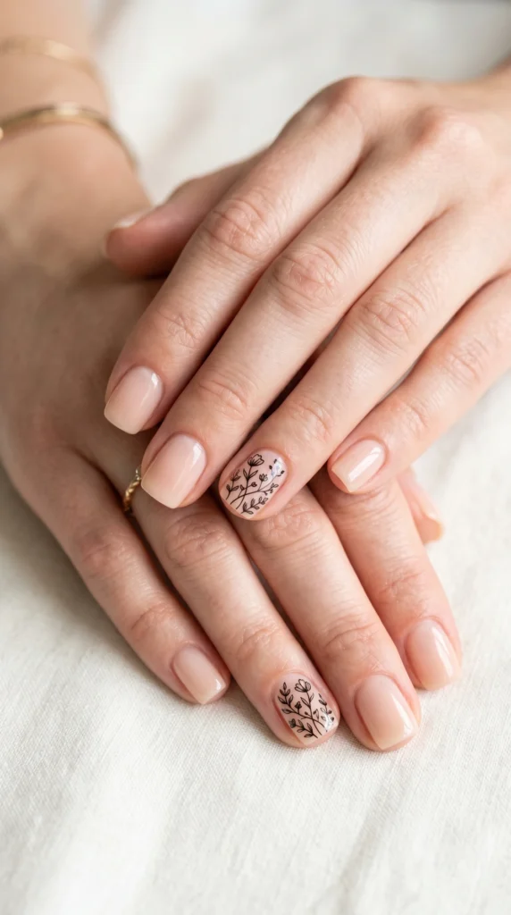 Short square sheer nude nails with fine black botanical line art leaves and stems, minimalist soft girl nail design