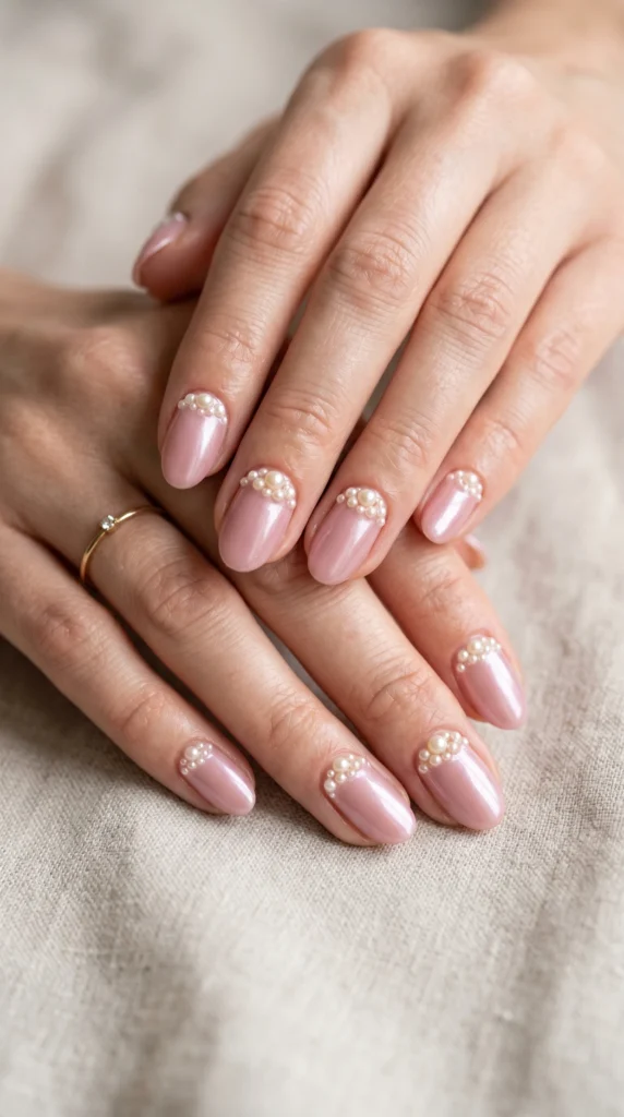 Oval pearlescent dusty pink nails with micro pearl clusters at cuticle base, romantic soft girl nail art trend